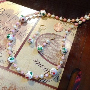 Hand-crafted artisanal necklace & earring set with Cloisonne floral beads